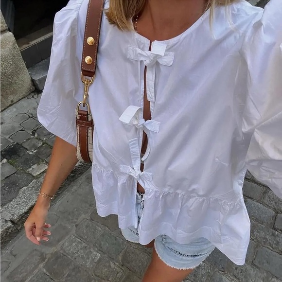 NWOT White Tie Front Blouse - Picture 2 of 5